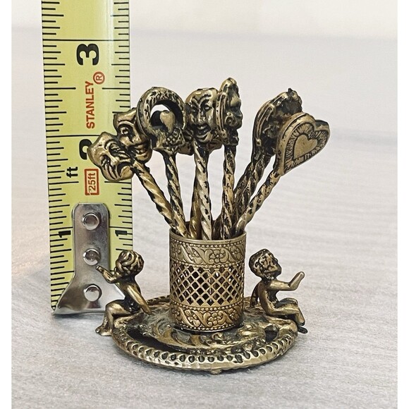 Baroque Cherub Hors D’oeuvres Pick Holder W 8 Theater Face Picks Gold Tone - Picture 6 of 12